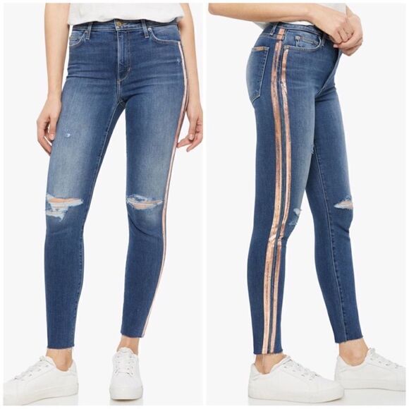 Joe’s Jeans High Rise Metallic Rose Gold Stripe Raw Hem Skinny Jeans 31 - Picture 1 of 6